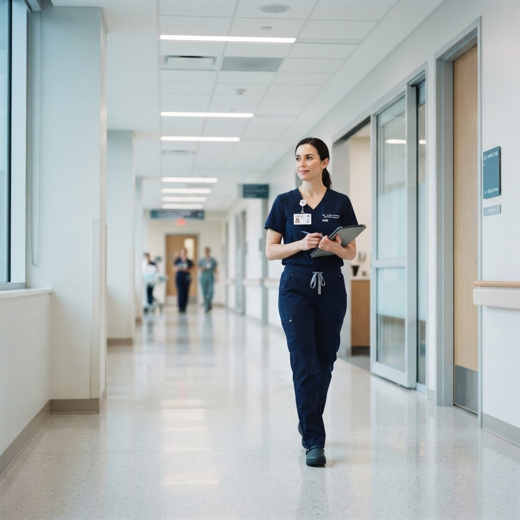 Clinician walking through a modern hospital corridor